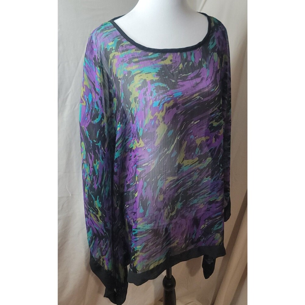 Mercer & Madison Womens 1X Sheer Abstract Print Blouse Purple Teal Black Top
